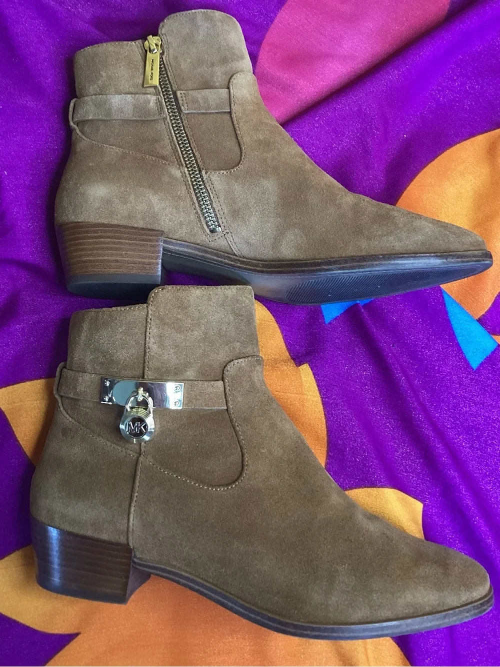 Michael Kors Kieran Taupe Suede Ankle Booties with Gold-Tone Charm 8M